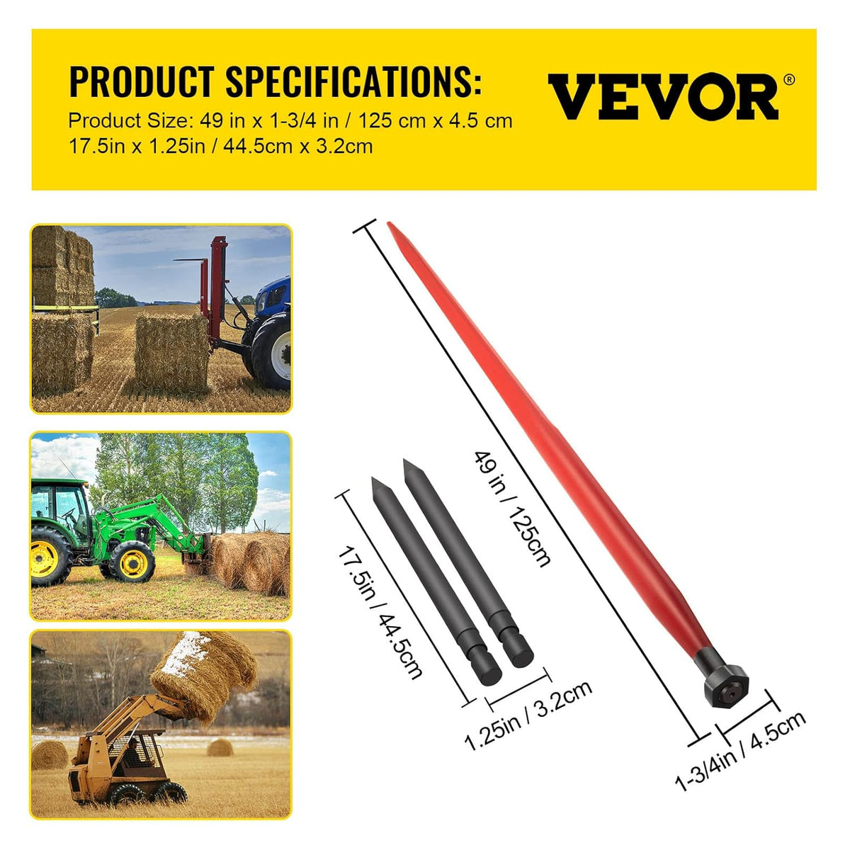 VEVOR Hooispuit, 125 cm, hooibergpen, capaciteit 1360 kg, snelspanbalpunt, vierkant, 4,5 cm breed, rood gecoate balvork, met 2 stabiliserende lansen - QUORE