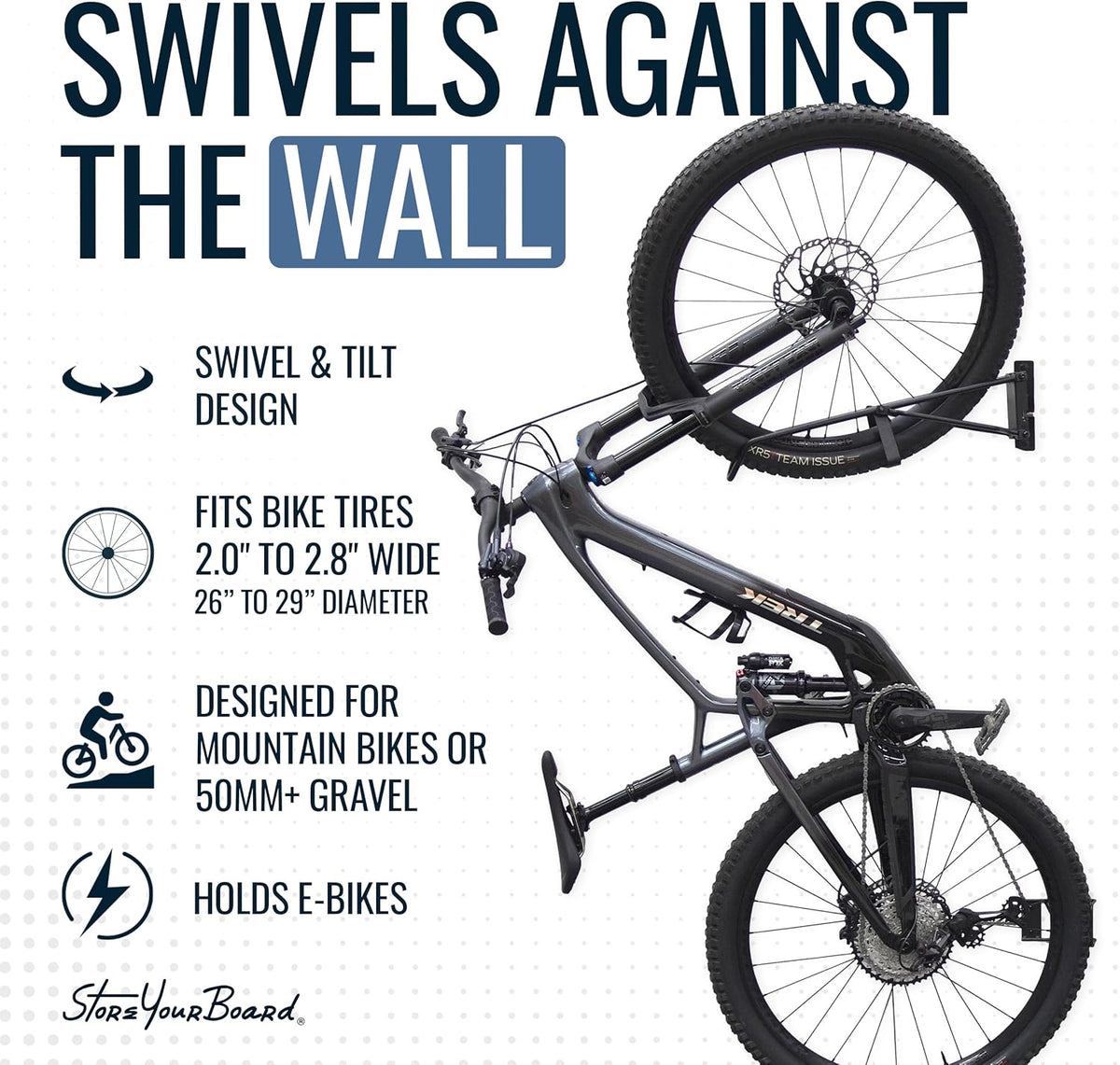 StoreYourBoard SwivelStow Mountainbike opslag 2-pack, geen lift draaibare fiets wandhouder, zware garage fietsenrek, MTB en e-bike
