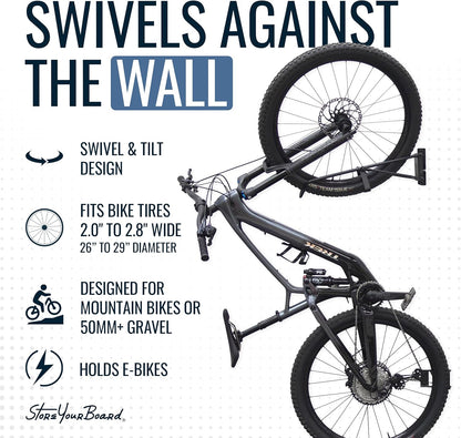 StoreYourBoard SwivelStow Mountainbike opslag 2-pack, geen lift draaibare fiets wandhouder, zware garage fietsenrek, MTB en e-bike