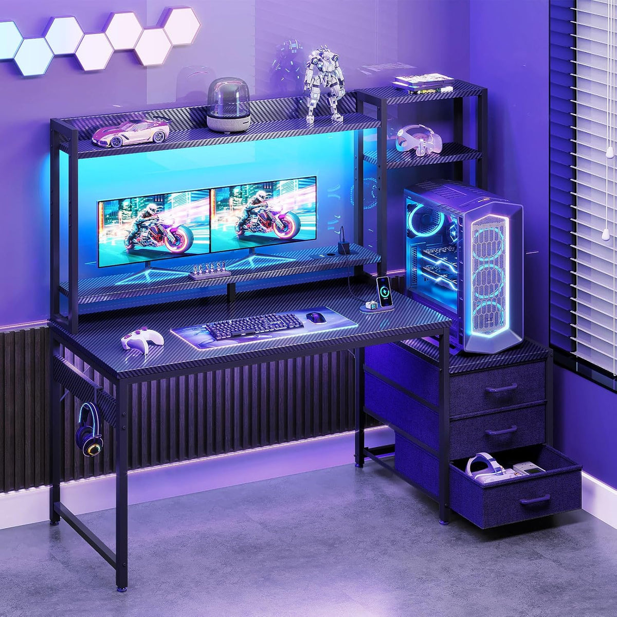 Coleshome Gamingbureau met Plank en Lades, 120×48 cm Gamebureau met LED-verlichting & Ingebouwd Stopcontact, Computertafel met Opbergplanken & Monitorstandaard