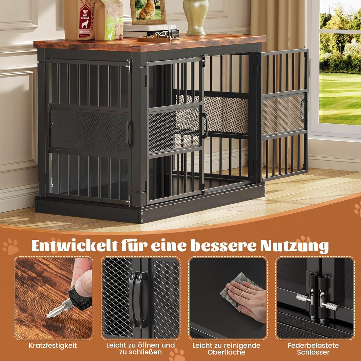 101 cm hondenbench, beetbestendige hondenbench, zware hondenkooi met dubbele deur, houten bijzettafel voor slaapkamer en woonkamer, zwart