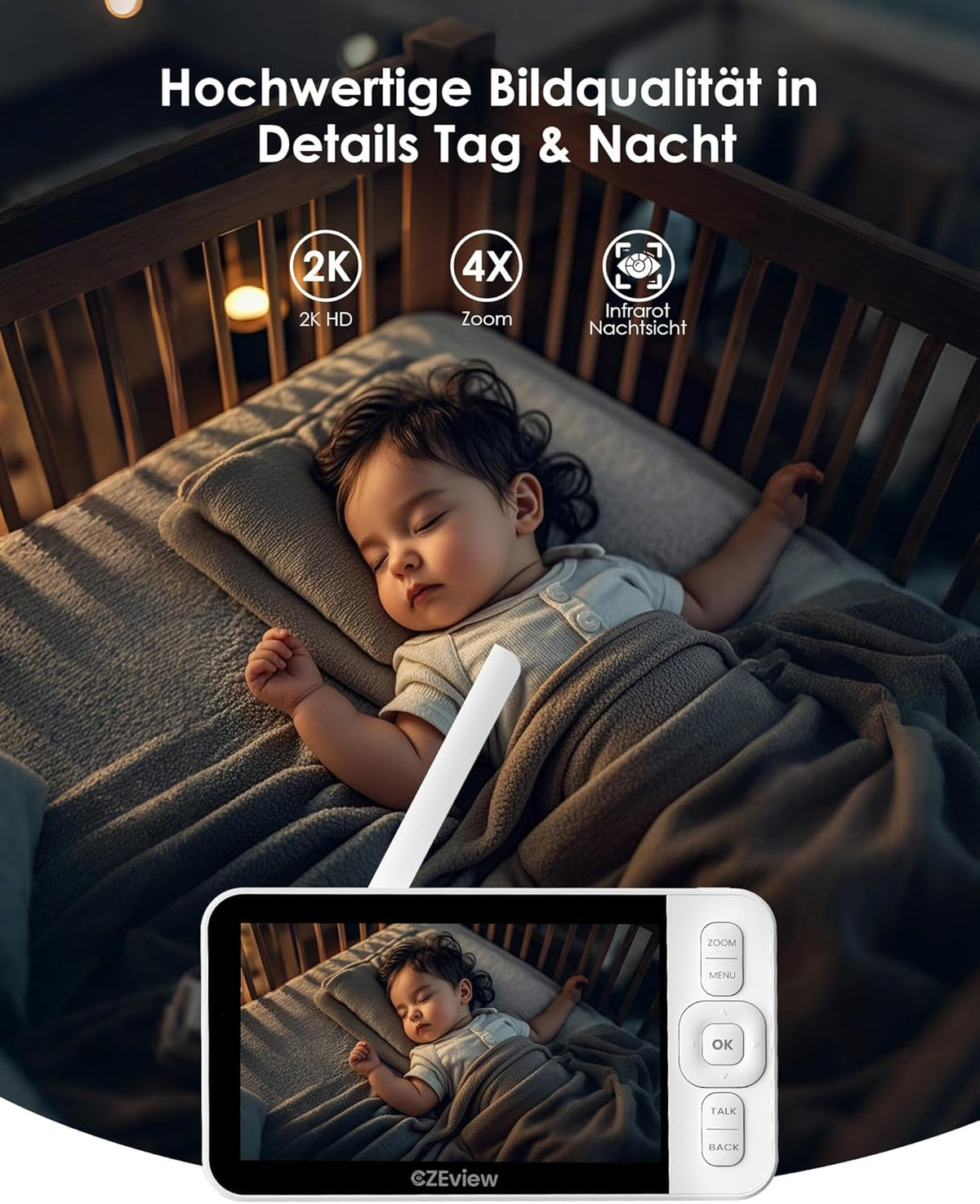Babyfoon Met 2 Kameras En APP, 2K/5,0 Inch WLAN Video Babyfoon, PTZ 360°, IR-Nachtsicht, Automatische Volging, 4× Zoom, Herkenning Van Huilen/Beweging/Geluiden, Alarm, Temperatuurweergave