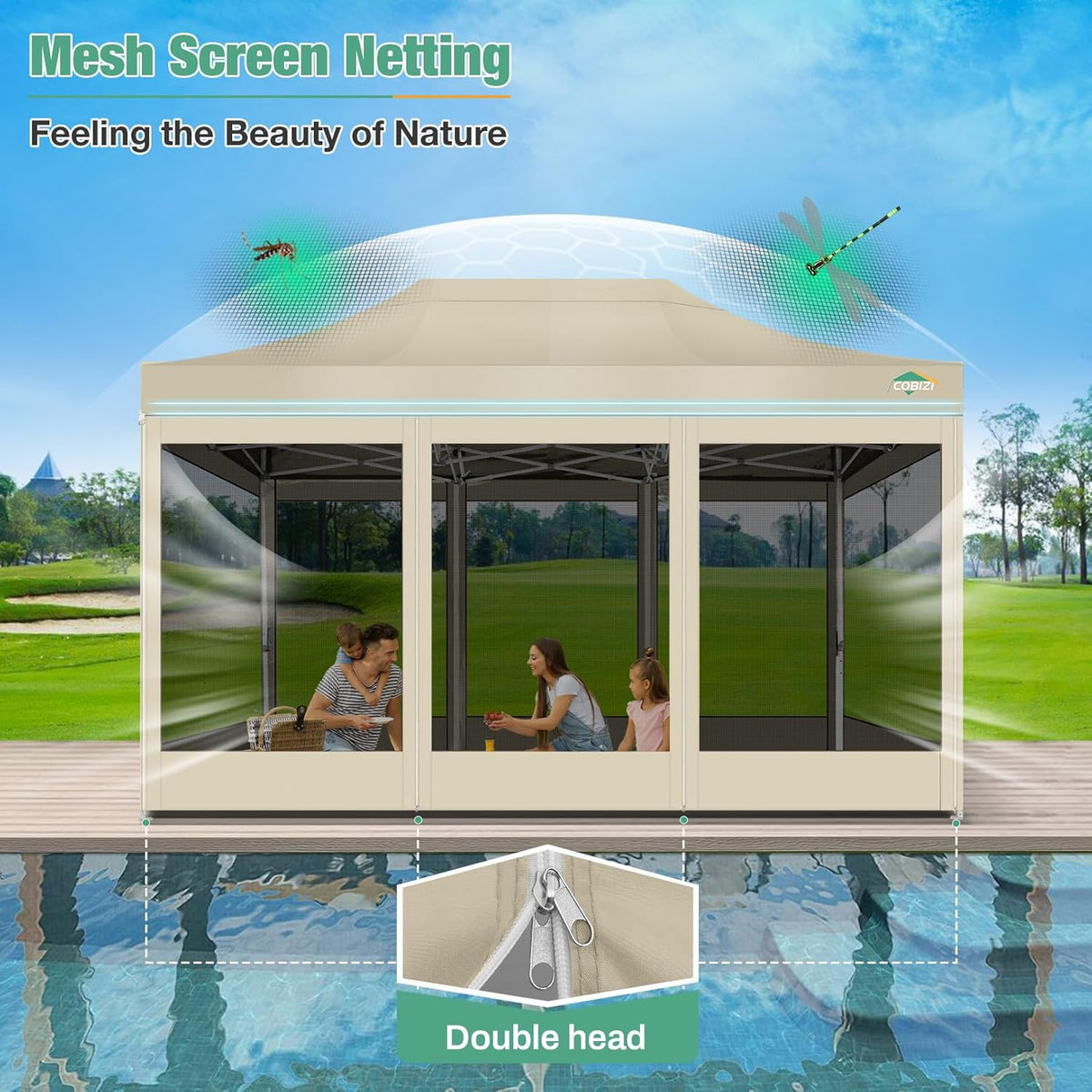 COBIZI Canopy Tent 10x15 Heavy Duty pop-up luifel met zijwanden waterdicht, eenvoudig op te zetten tuinhuisje met klamboe, outdoor mesh schermtenten voor feesten bruiloft feest met draagtas, kaki