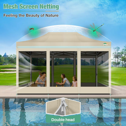 COBIZI Canopy Tent 10x15 Heavy Duty pop-up luifel met zijwanden waterdicht, eenvoudig op te zetten tuinhuisje met klamboe, outdoor mesh schermtenten voor feesten bruiloft feest met draagtas, kaki