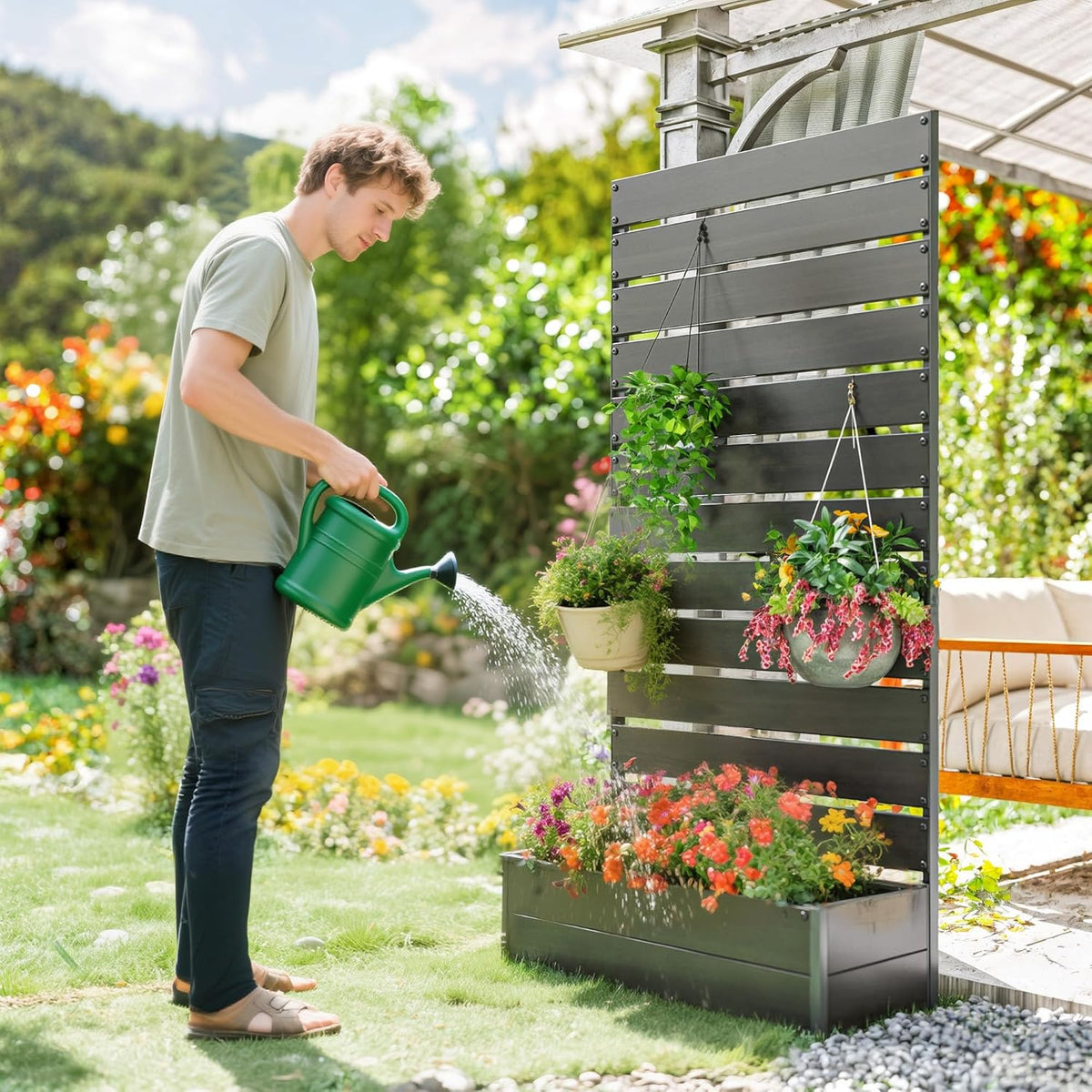 Outsunny Garden Planter with Grid for Climbing Plants Vines Flowers Freestanding Raised Bed for Garden Outdoor Patio Planter with Drainage Crevice Black - QUORE