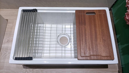 MEJE #KS 76,2 x 50,8 cm Schort met traprand, werkstation, boerderijkeukenspoelbak, keramische enkelbak met snijplank, rooster en zeef – Wit
