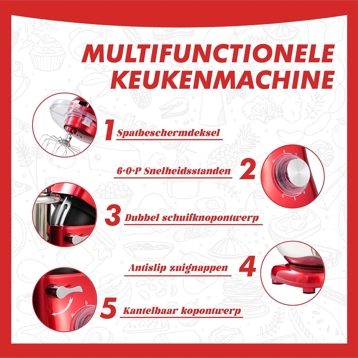 Kitchen in the box Keukenmachine,7,5 L Staande Mixer 1400W – Deegmixer met Planetaire Mengtechniek, Menghaak, Deeghaak, Garde (Rood)