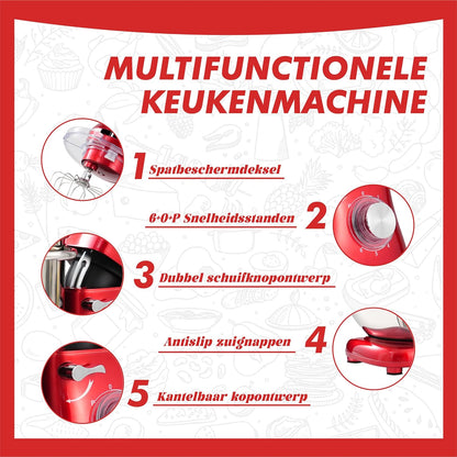 Kitchen in the box Keukenmachine,7,5 L Staande Mixer 1400W – Deegmixer met Planetaire Mengtechniek, Menghaak, Deeghaak, Garde (Rood)