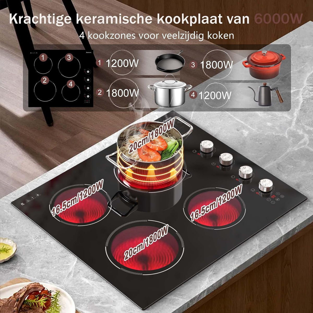 Keramische kookplaat 4 platen, knop & tiptoetsbediening, ingebouwde keramische kookplaat 60cm 6000W, elektrische kookplaat met veiligheidsvergrendeling, timer, pauzefunctie