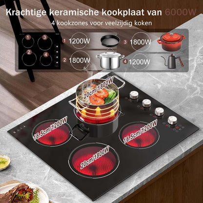 Keramische kookplaat 4 platen, knop & tiptoetsbediening, ingebouwde keramische kookplaat 60cm 6000W, elektrische kookplaat met veiligheidsvergrendeling, timer, pauzefunctie