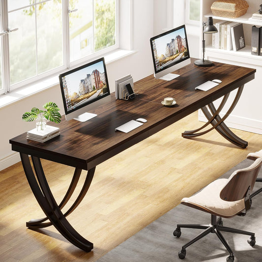 Tribesigns Computer Table, 200 x 70 x 75 cm, for Students and Workers, Double Long Desk, Computer Table for Office, Study, Vintage Brown