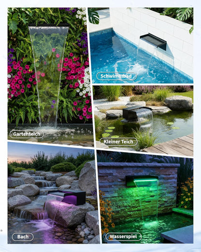 POPOSOAP 20 cm brede vijverwaterval, roestvrijstalen watervalbox met 2500 l/u vijverpomp, op afstand bestuurde kleurwisselende led-lichtketting, buiten-waterspel voor tuinvijver