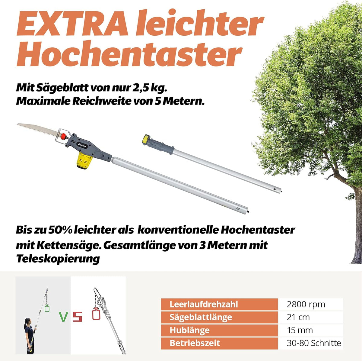 FANZTOOL 2-in-1 accu telescopische heggenschaar, hoogsnoeizaag, reciprozaag met 20 V/2 Ah Li-ion accu, snellader, 45 cm zwaardlengte, telescoopsteel tot 3,2 m, lichtgewicht zaag, ontworpen in JAPAN
