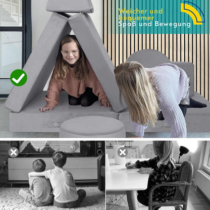 MeMoreCool Speelbank voor kinderen, Modulair fauteuilbank voor knuffelhoek kinderkamer, Slaapbank, 8-delig kinderbank speelset, Schuimbank met slaapfunctie voor meisjes jongens, Grijs