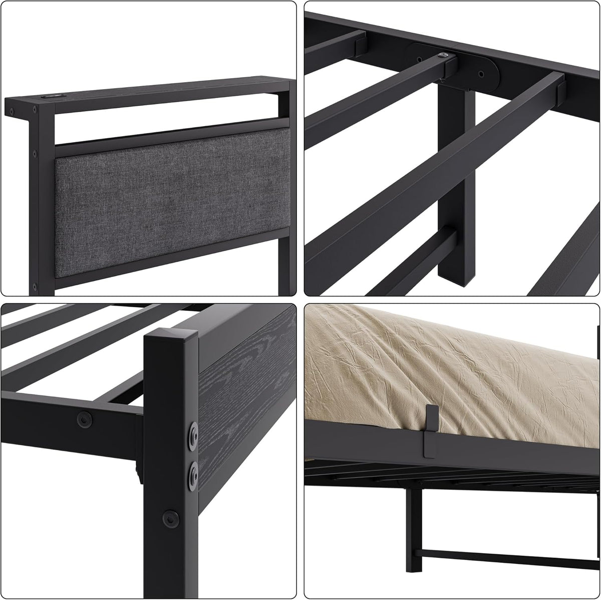 Gestoffeerd bedframe 90 x 200 cm, bedframe met led en laadstation, metalen bed met hoofdeinde, modern logeerbed, tienerbed, metalen eenpersoonsbed met lattenbodem, voor slaapkamer, zwart