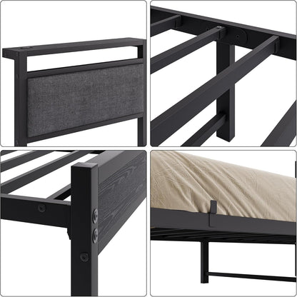 Gestoffeerd bedframe 90 x 200 cm, bedframe met led en laadstation, metalen bed met hoofdeinde, modern logeerbed, tienerbed, metalen eenpersoonsbed met lattenbodem, voor slaapkamer, zwart