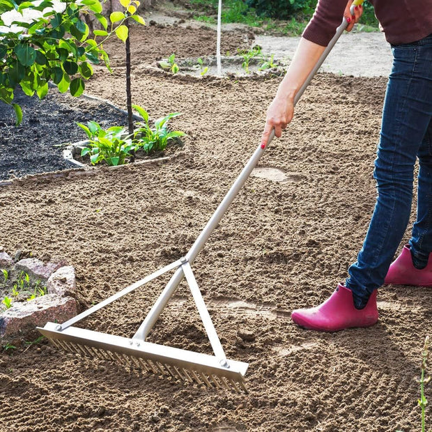 Tuinhark - Landschapshark - Bladharken - Screening Rake - 24 Tines - 24inch Head - 68inch Handvat - voor Strand - Gazon Onderhoud - Aluminium - Zilver