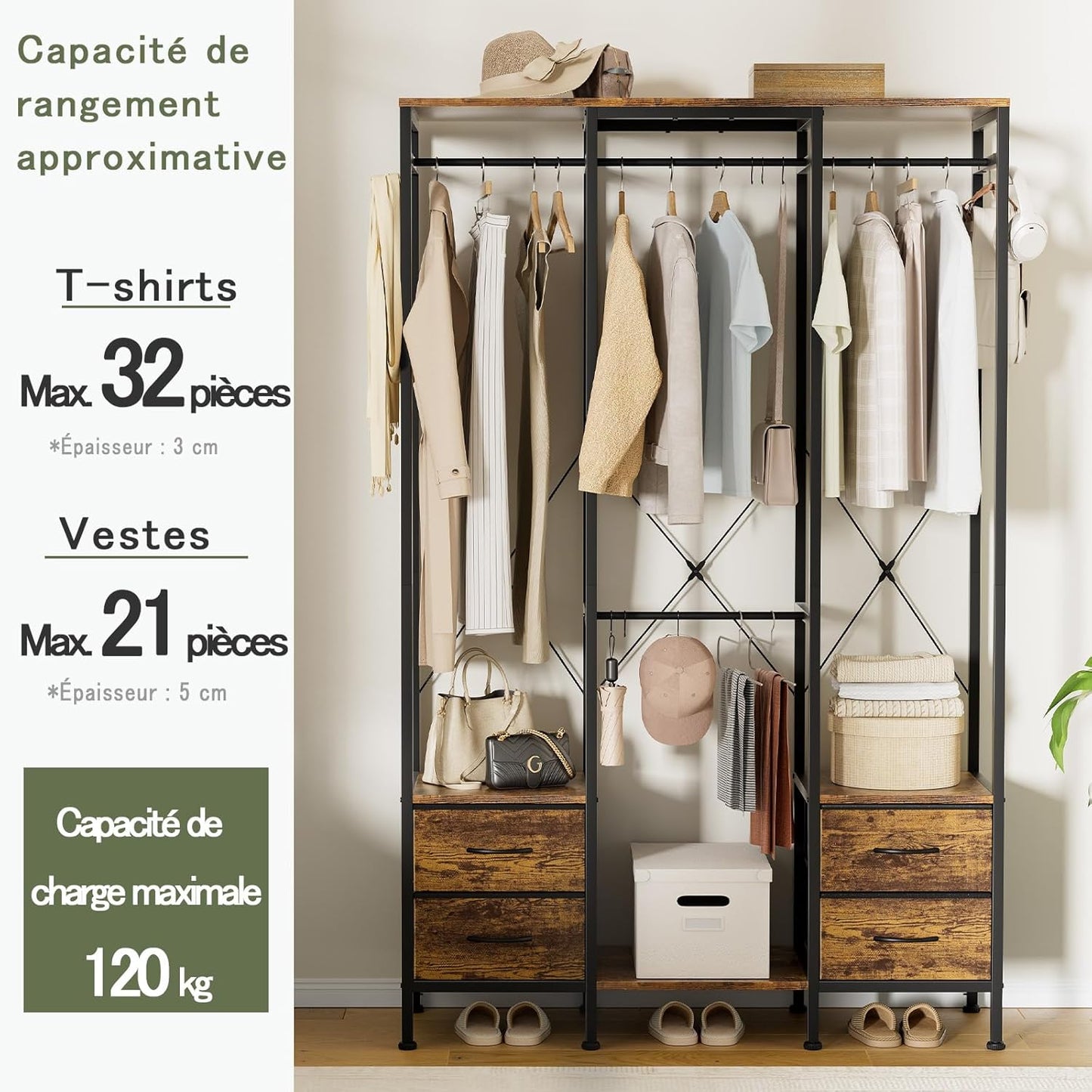 Kledingkast, Open Kledingkast, Kledingrek met Lades, voor Slaapkamer, Open Kledingkast voor Hangende Kleding, Stalen Frame, Landelijk Bruin, Rustiek Bruin