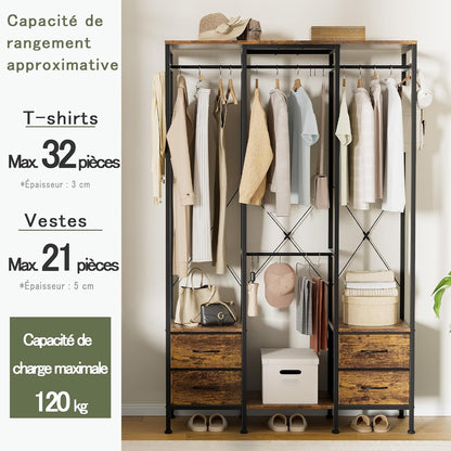 Kledingkast, Open Kledingkast, Kledingrek met Lades, voor Slaapkamer, Open Kledingkast voor Hangende Kleding, Stalen Frame, Landelijk Bruin, Rustiek Bruin