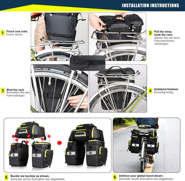 Fietstas - Fietstassen - Dubbele Fietstas - Multifunctioneel Bagagedragertas - Scheurvast - Grote Bagagetassen - met Regenhoes - 75L - PVC - Groen/Zwart