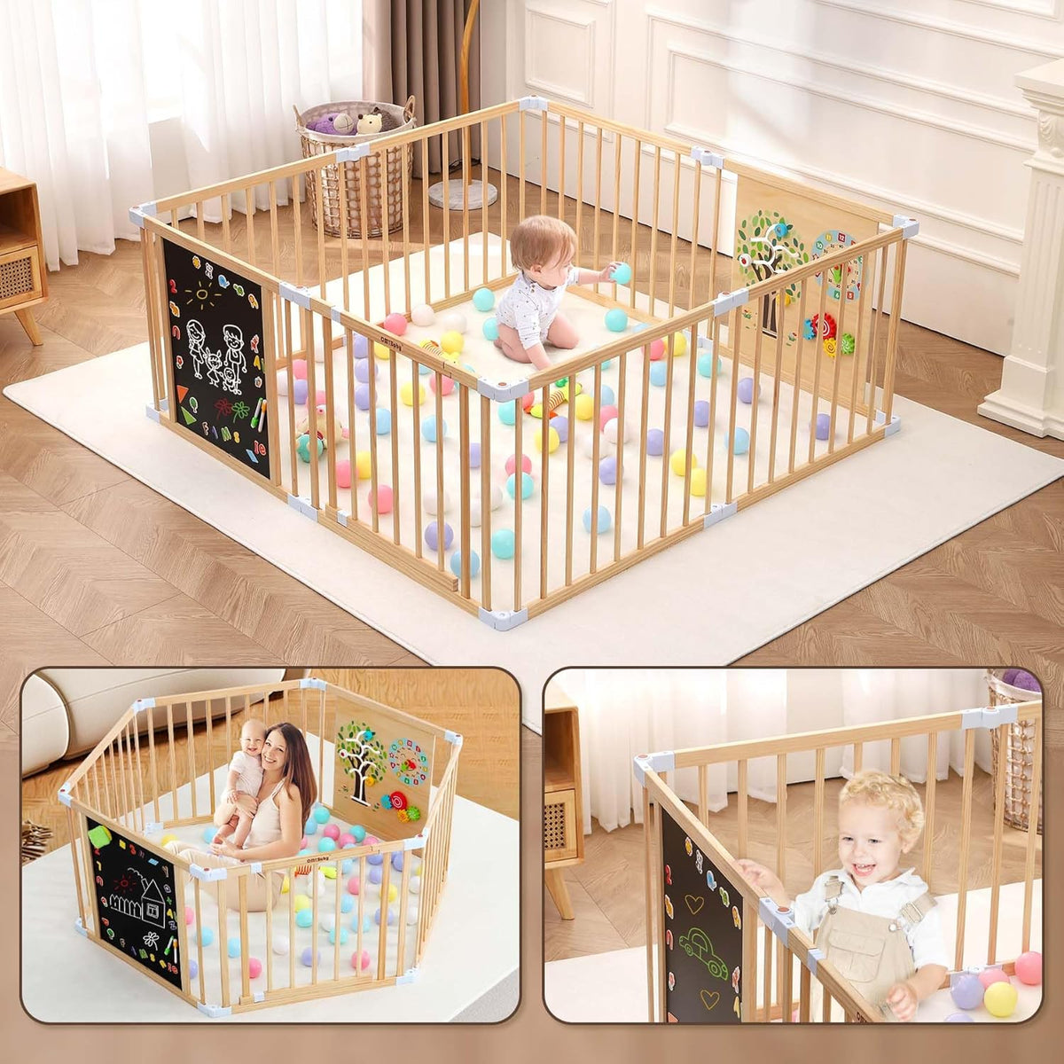 Wooden Baby Playpen with Door, Interchangeable & Expandable Play Gate for Toddlers, Wooden Playpen for Kids with Chalk Whiteboard & Montessori Games (66cm High 8-Panel) - QUORE
