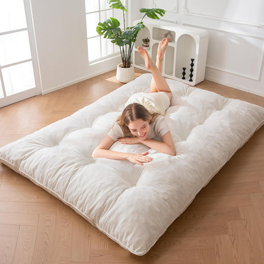 MAXYOYO Futonmatras, Chenillestof 15 cm Dik, Oprolbare Futon-Slaapbank, Gevuld Met Versnipperd Schuim, Geknoopt, Praktische Opvouwbare Matrasbeschermer (Frame Niet Inbegrepen)