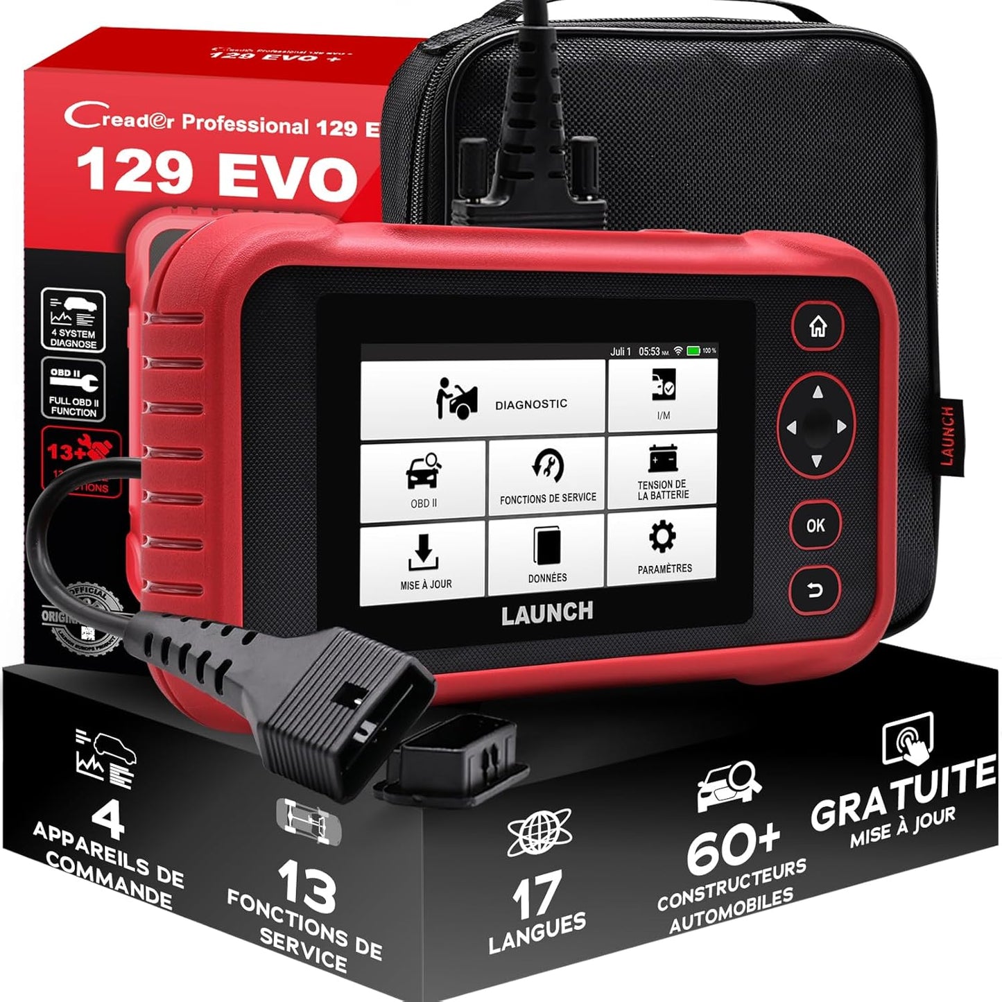 LAUNCH Europe CRP 129 EVO+ V3 OBD2 Diagnoseapparaat voor auto’s, 4 Systemen: Motor/ABS/SRS/Transmissie, 13 Servicefuncties, Touchscreen, Android, WLAN 2,4 en 5 GHz, CAN FD & DoIP (Adapter Vereist)