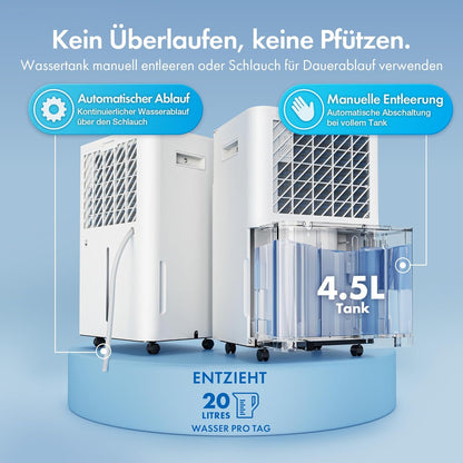 VonHaus Elektrische luchtontvochtiger, 20 l/dag, 4,5 l waterreservoir, wifi/smart kamerontvochtiger tegen vocht, condensatie, schimmel en geuren, luchtontvochtiger voor wasgoed, thuis, slaapkamer