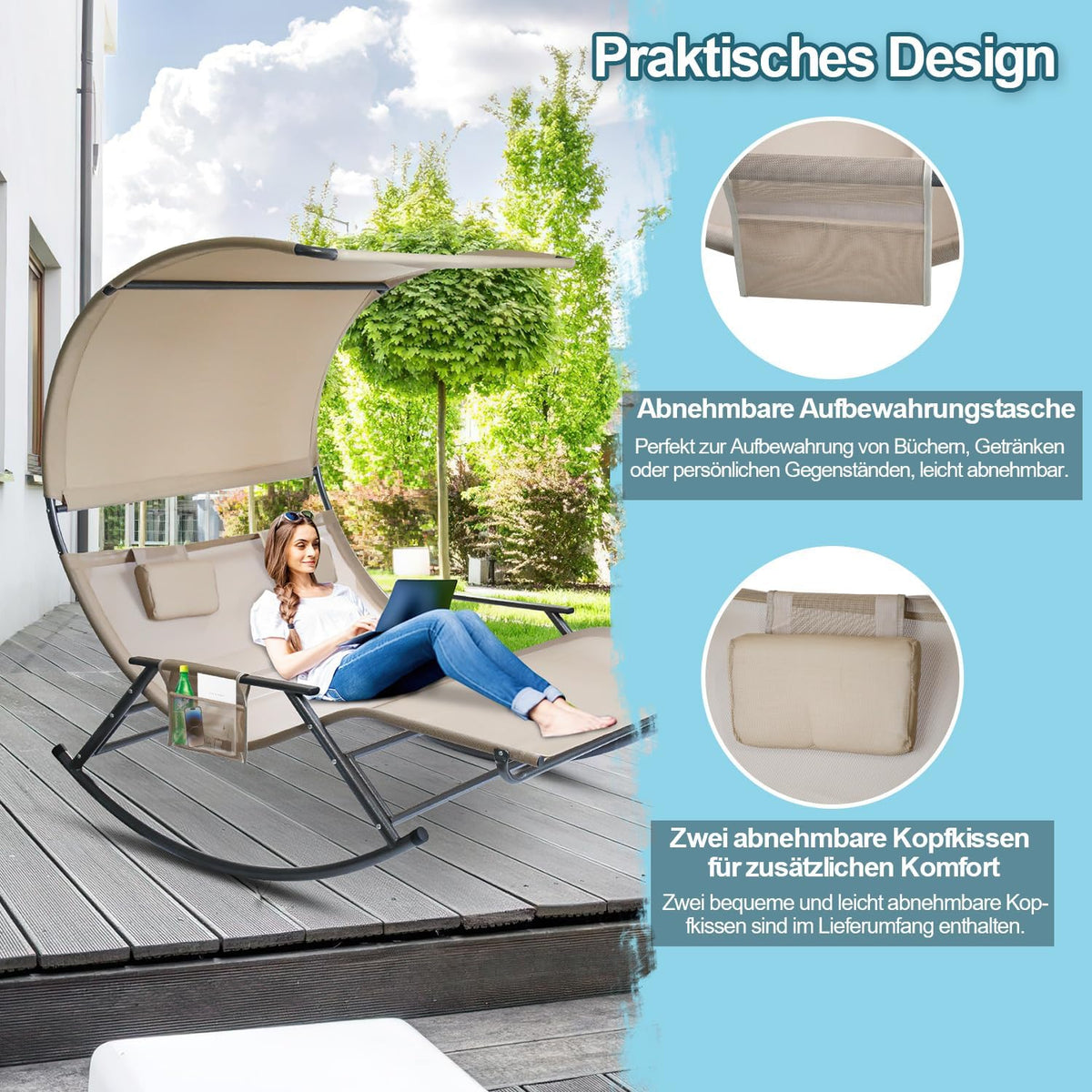 Outdoor Double Lounger Sun Lounger for 2 People with Sun Canopy Bag Double Rocking Chair up to 250 kg Breathable Fabric Versatile Choice of Colours for Garden, Balcony, Patio (Beige) - QUORE