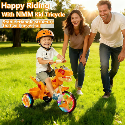 NMM Rolfiets, driewieler, driewieler vanaf 2 jaar, dinosaurusspeelgoed met muziek, lichten en claxon voor kinderen, fiets met wielen vanaf 2, 3, 4, 5, 6, 7, 8 jaar (fiets oranje licht)
