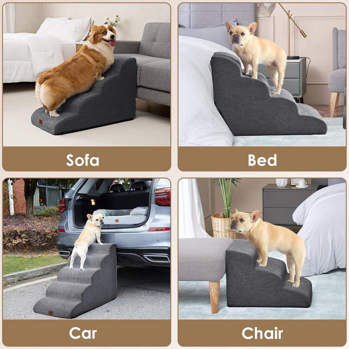 Hondentrap – Huisdiertrap – Diertreden – Kattentrap – Trap Voor Kleine Honden – 3 Treden Voor Meubels Tot 33 cm – Stevige Schuimconstructie Met Wasbare Fleece Hoes