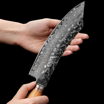 Wakoli Olive HS Damast Grill blokmes van echt damaststaal (VG10 kern), 20 cm lemmet, scherp en ergonomisch, damastmes met olijfhouten handvat in houten box, keukenmes en vleesmes voor grill