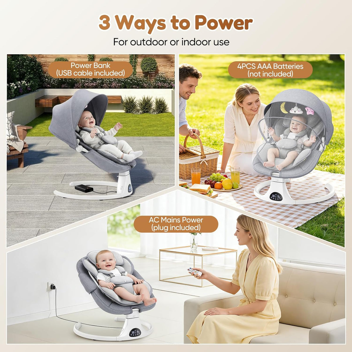 Babyschommel voor baby's tot peuter, elektrische pasgeboren schommel met 5-versnellingen, 3-zitplaatsen, 5-punts karabijnhaak, met Bluetooth-muziek, 10-vooraf ingestelde melodieën, binnen en buiten - QUORE