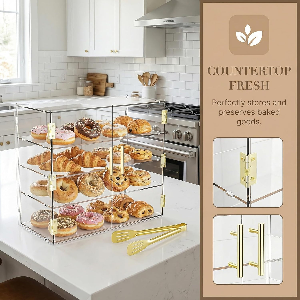 4-laags bakkerij vitrine met elastische automatische deur, 19,5 "x 19,75" x 19,75" x 10,35" acryl helder gebak vitrine aanrecht vitrinekast voedseldoos voor brood dessert koekjes bakken