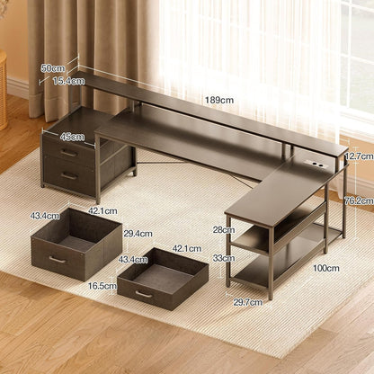 ODK Desk with Drawers, 480 × 100 cm, Large Reversible Corner Desk with 2 USB Charging Ports and 2 Sockets, Gaming Desk for Home Workplace, Black - QUORE
