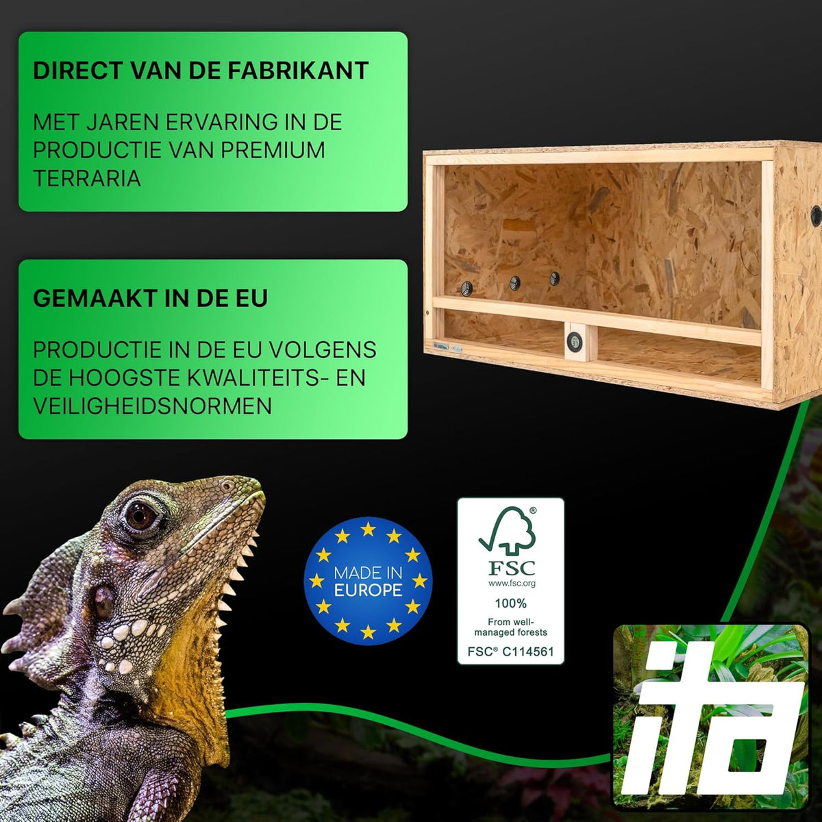ITA Houten Terrarium 100x60x50 cm met Zijventilatie & Ingebouwde Hygrometer - Houten terrarium van OSB-3 platen - Voor reptielen, slangen, amfibieën - EU Product, FSC gecertificeerd