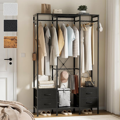 Kledingkast, Open Kledingkast, Kledingrek met Lades, voor Slaapkamer, Open Kledingkast voor Hangende Kleding, Stalen Frame, Landelijk Bruin, Rustiek Bruin