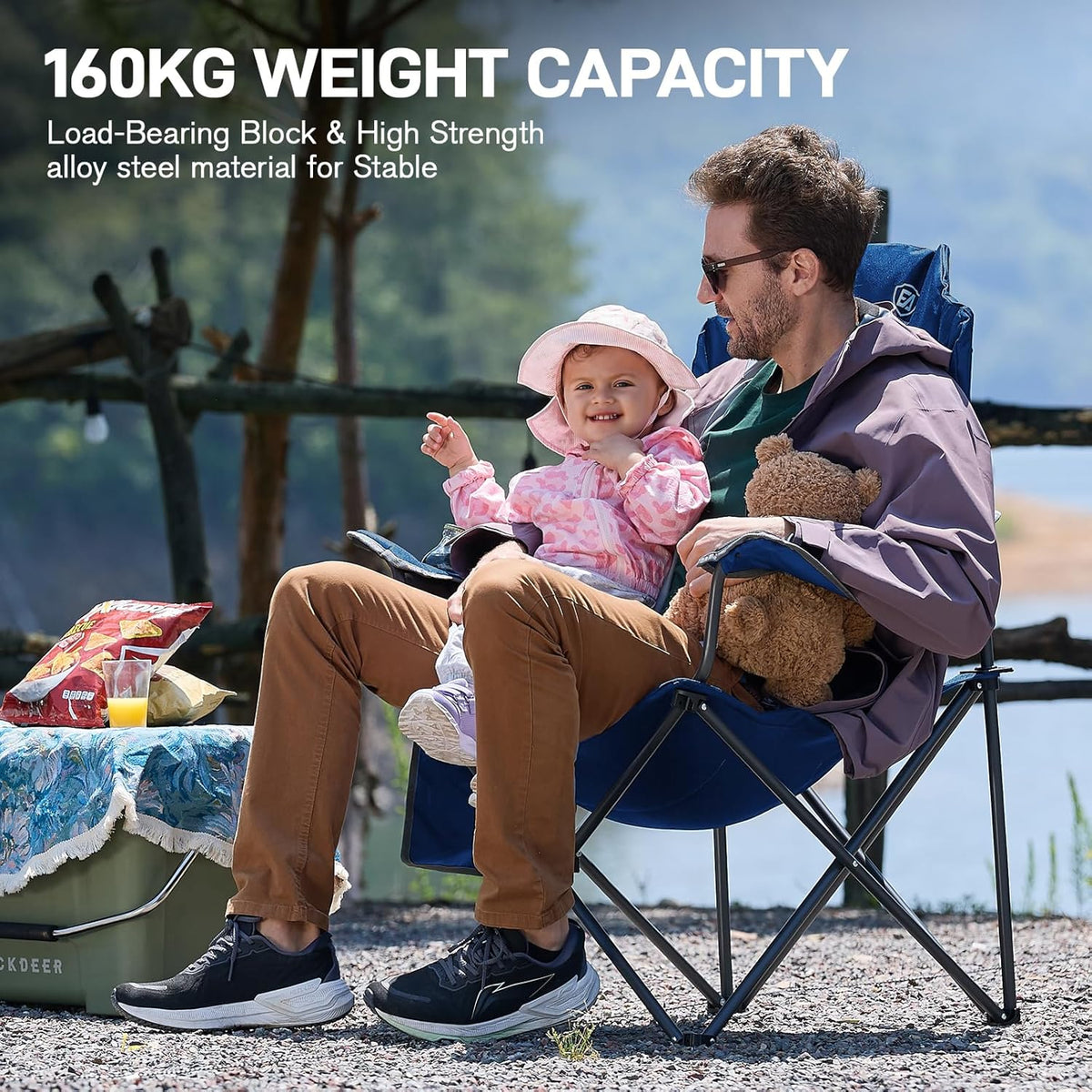 EVER ADVANCED Campingstoelen voor volwassenen set van 2 ondersteunt 160 kg zware mensen klapstoel luxe outdoor met hoge rug en bekerhouder en zijvakken opvouwbare stoel gewatteerd blauw