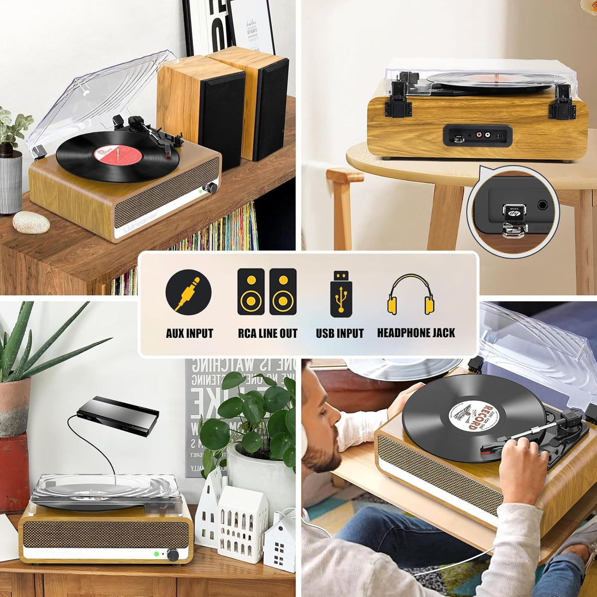 Platenspeler - Geïntegreerde Luidsprekers - Vintage Fonograaf - met Bluetooth-Riemaandrijving - 3 snelheden - voor Muziekgenot - Woondecoratie - Hout - Goud