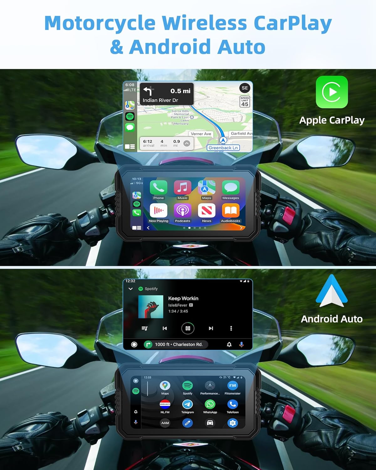 4K Motorfiets CarPlay Android Auto met Dashcam voor en achter, 6,25 inch CarPlay-scherm GPS Dashcam Motorfiets IP67 Waterdicht Touchscreen, Navigatieapparaten Dubbele Bluetooth Spraakbediening 64G TF