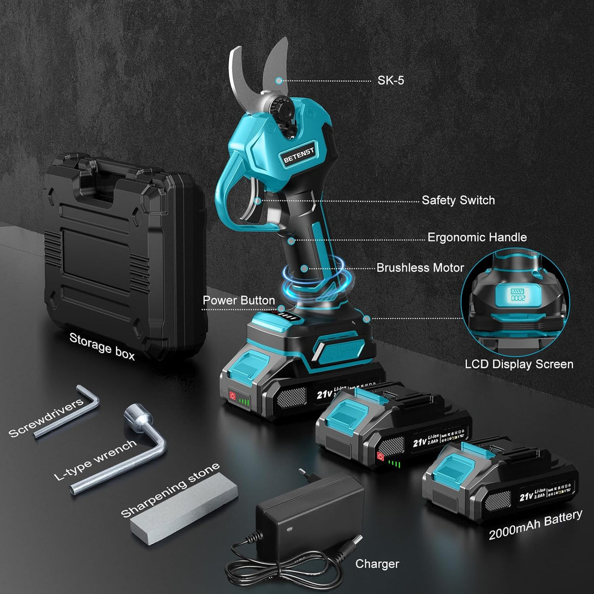 Accu-takkenschaar, draadloze snoeischaar in turquoise en zwart, elektrische takkenschaar met lithium-accu