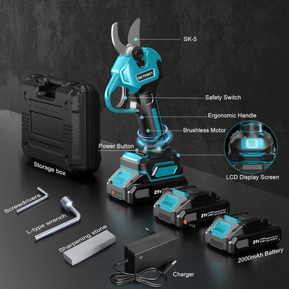 Accu-takkenschaar, draadloze snoeischaar in turquoise en zwart, elektrische takkenschaar met lithium-accu