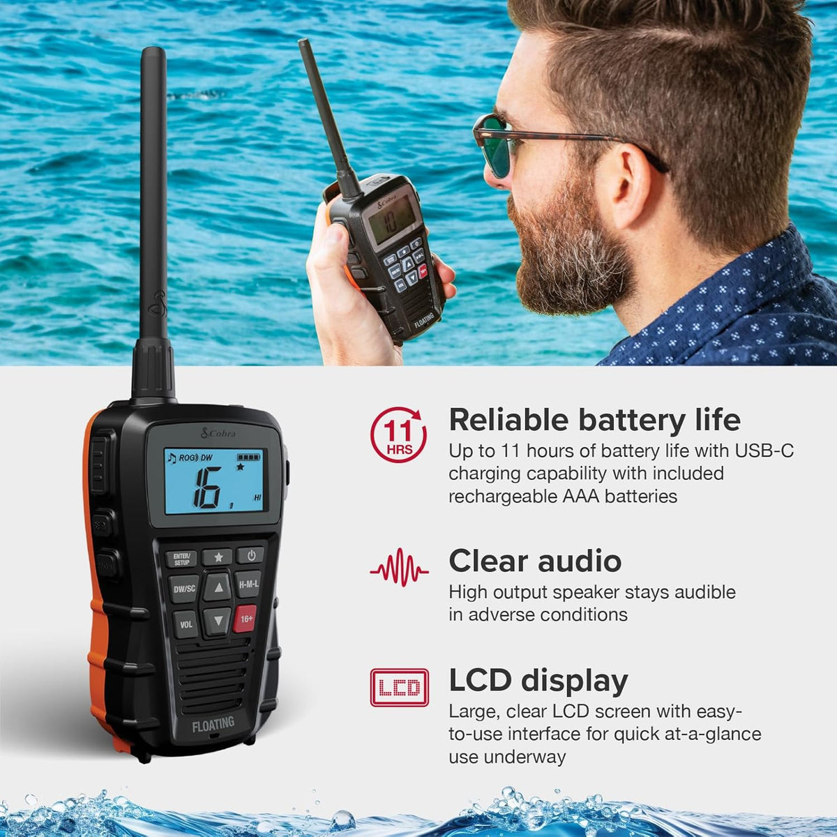 Cobra BlueBound 150 Handheld VHF Marine Radio - 3 watt, drijvend, IPX7 waterdicht, dompelbaar, lcd-display, geheugenscan, riemclip, zwart