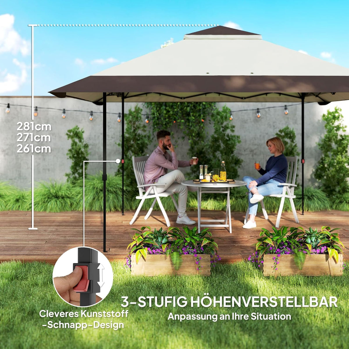 Outsunny Pavillon 4x4m Wasserdicht Höhenverstellbar Pop-up Faltpavillon mit Netzwänden UV 50+ Faltbar Partyzelt Gartenzelt mit Tragetasche Sandsäcke Gartenpavillon für Camping Garten Festival, Beige - QUORE