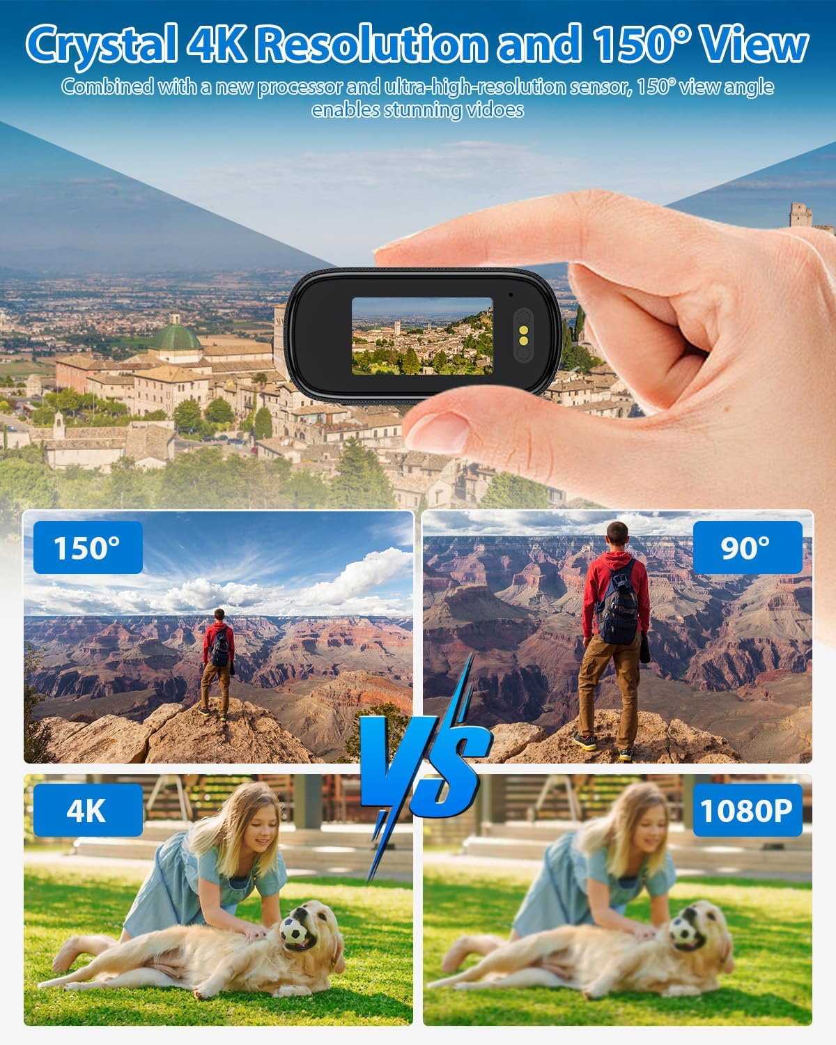 Mini Action Cam 4K WiFi, 32 GB bodycam lichaamscamera met scherm, 150° onderwatercamera, 30 m, kleine sportcamera, motorfiets, helmcamera, actiecamera, vlog, videocamera, multifunctionele accessoires