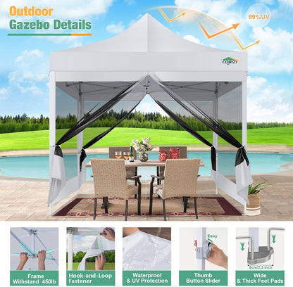 COBIZI Canopy Tent 10x10 Heavy Duty pop-up luifel met zijwanden waterdicht, eenvoudig op te zetten tuinhuisje met klamboe, outdoor mesh schermtenten voor feesten bruiloft feest met draagtas, wit
