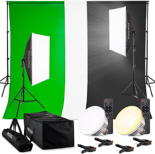 Green Screen – Fotostudio Set – Achtergrondsysteem – Achtergronddoek – Studio Achtergrond – 1,8 X 2,8 M Met Verstelbaar 2 X 2 M Achtergrondsysteem – Inclusief Wit En Zwart Achtergronddoek, Softboxen En Dimbare LED Lampen