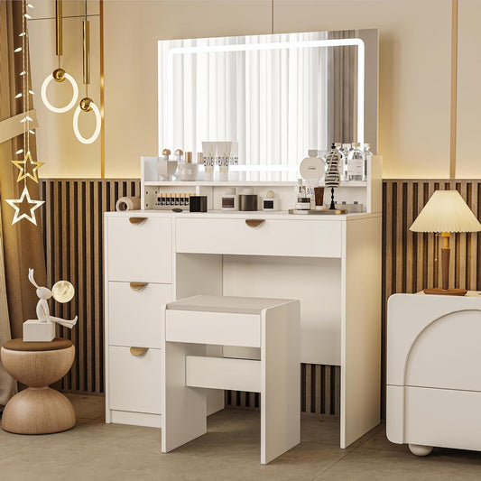 Makeup Table with LED Mirror and Stool, Adjustable Brightness, Plug and USB, with Dry Holder, Hair, 4 Drawers, Open Storage, Modern (White, 90 x 40 x 140 cm) - QUORE
