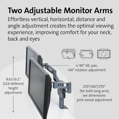 Kensington Dual Monitorarmhouder, Met SmartFit System, Voor monitoren tot 24", K60273WW, Zwart