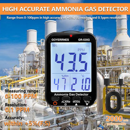 Ammoniak gasdetector 535G NH3 gasdetector continue bewaking sensor meetbereik 0-100 ppm alarm LCD-display achtergrondverlichting functie temperatuur luchtvochtigheid oplaadbaar